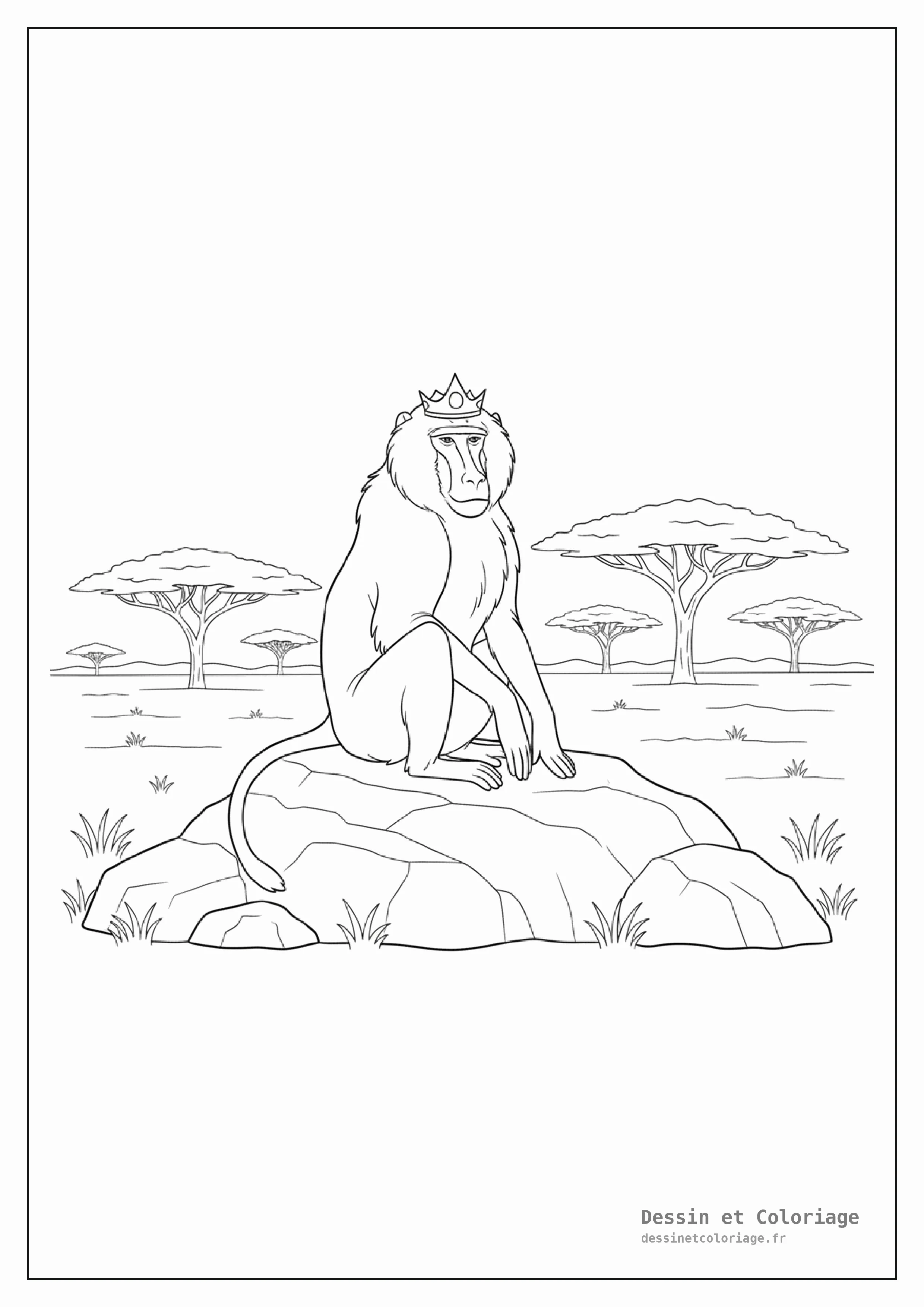 coloriage singe — Babouin assis majestueusement sur un grand rocher dans un paysage de savane, avec des arbres d'acacia lointains.