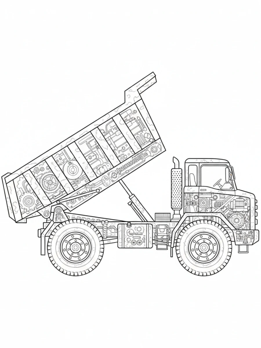 coloriage camion — Un camion benne jaune avec sa benne légèrement levée.