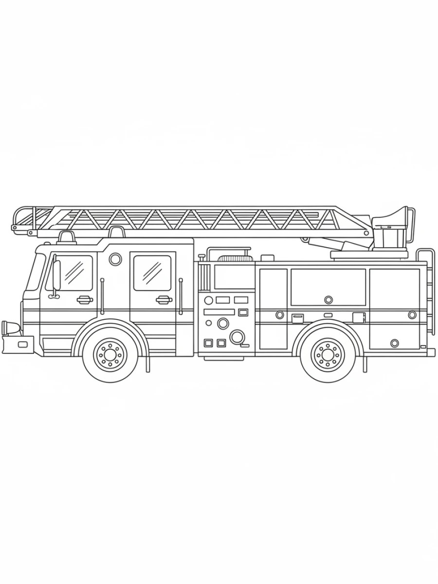 coloriage pompier — Un grand camion de pompier avec une échelle déployée et des gyrophares sur le toit.