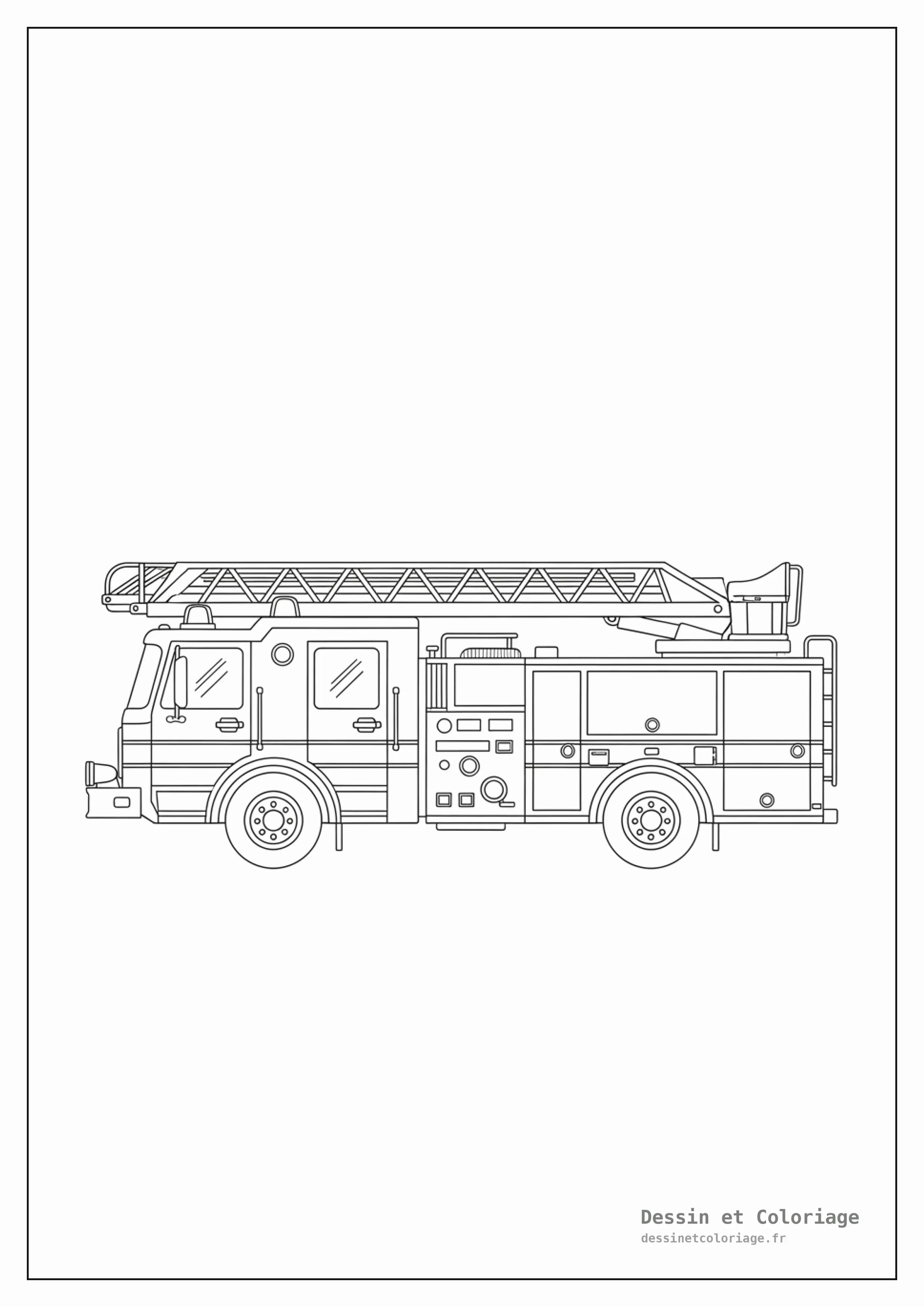 coloriage pompier — Un grand camion de pompier avec une échelle déployée et des gyrophares sur le toit.