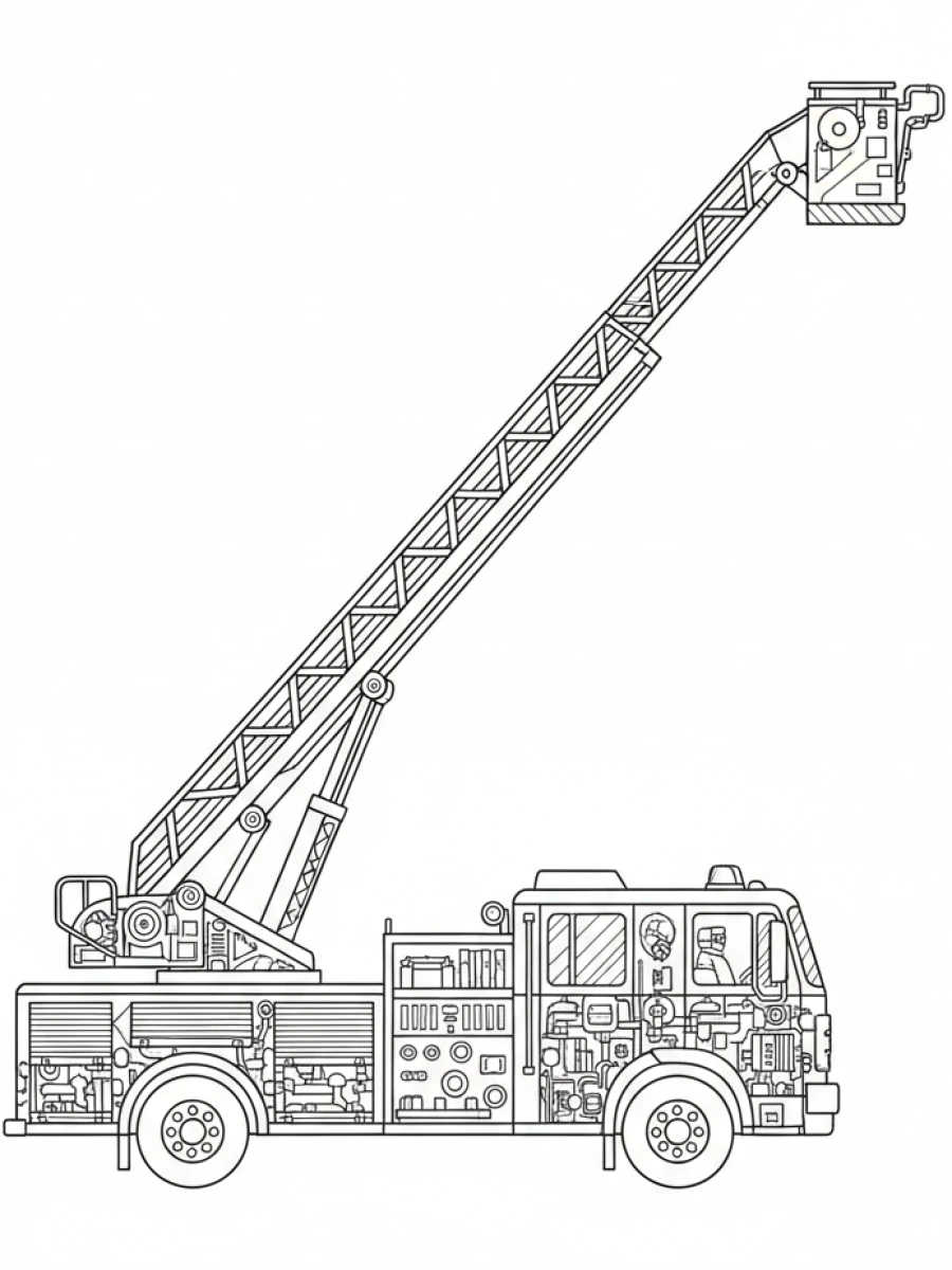 coloriage camion — Un camion de pompiers rouge avec une longue échelle déployée.