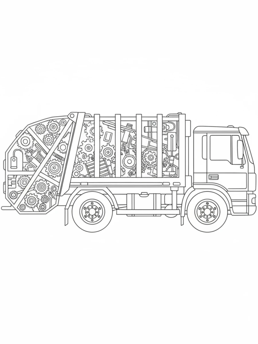 coloriage camion — Un camion poubelle vert avec son mécanisme de compactage arrière.