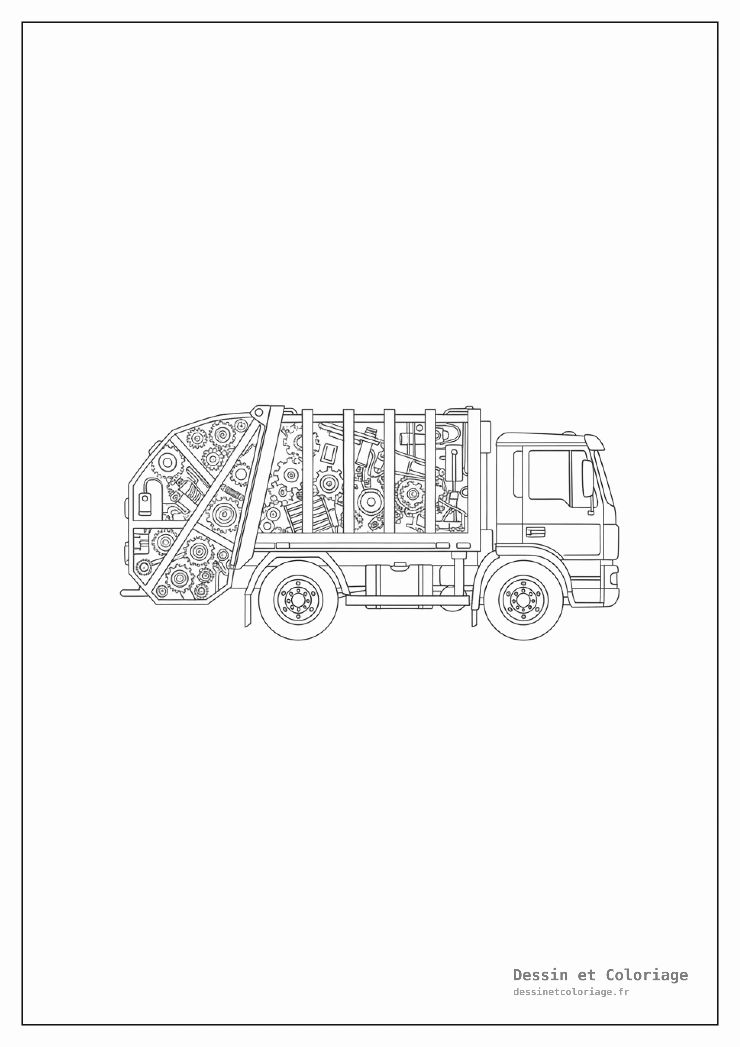 coloriage camion — Un camion poubelle vert avec son mécanisme de compactage arrière.