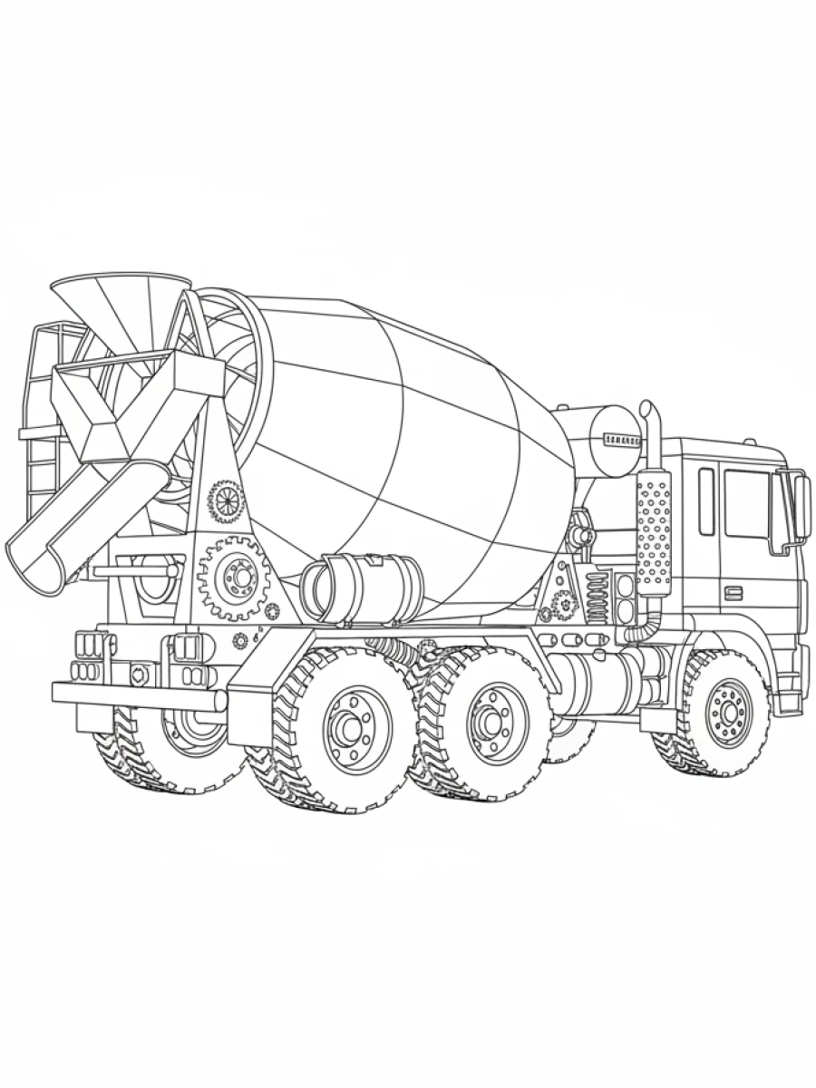 coloriage camion — Un camion toupie avec son tambour mélangeur en position.