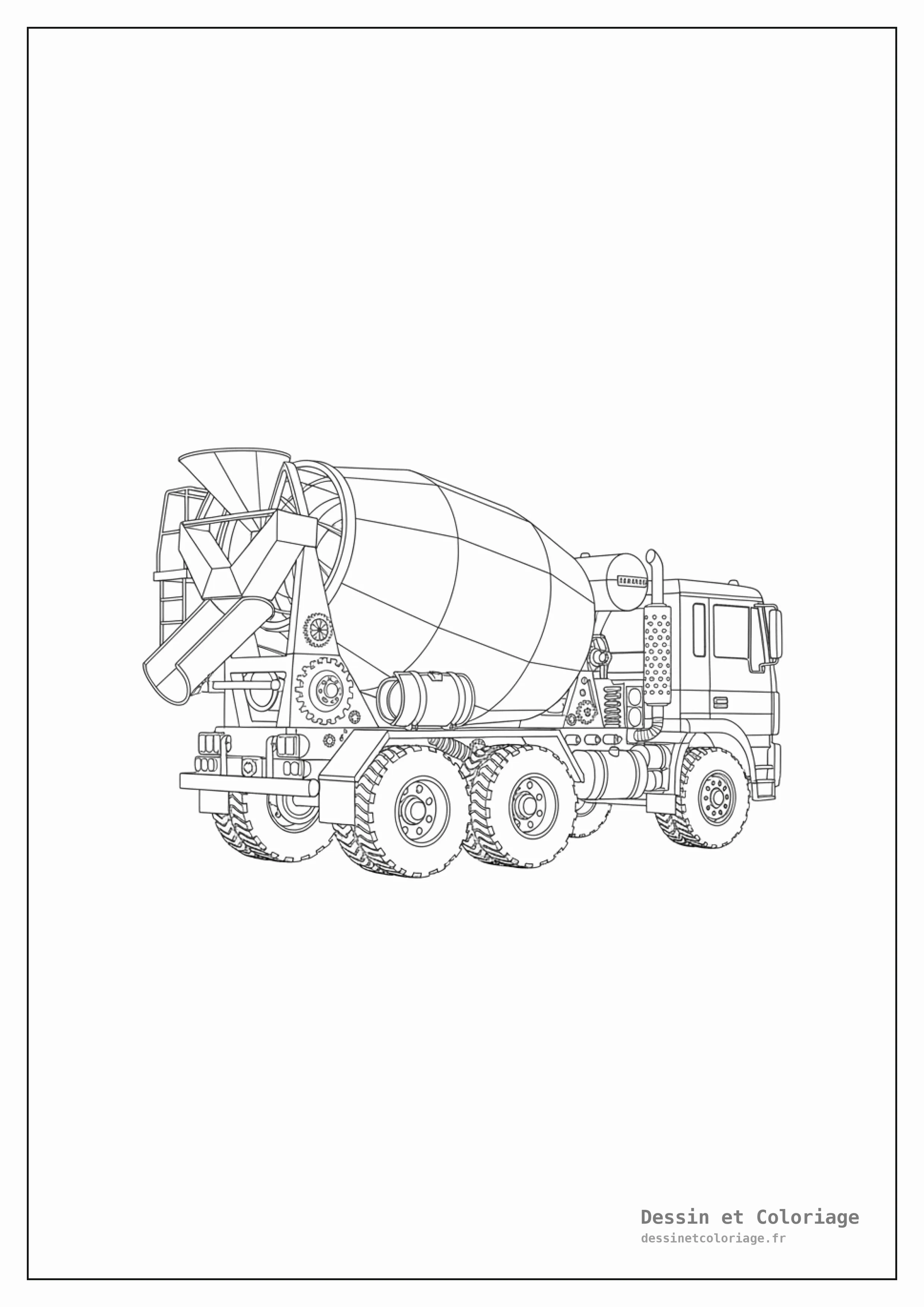 coloriage camion — Un camion toupie avec son tambour mélangeur en position.