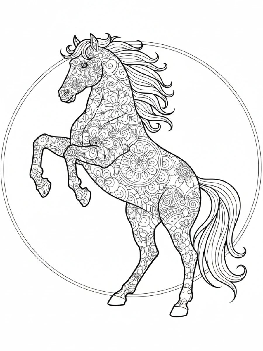 coloriage cheval mandala — Cheval cabré, corps rempli de motifs mandala dynamiques, expression puissante.