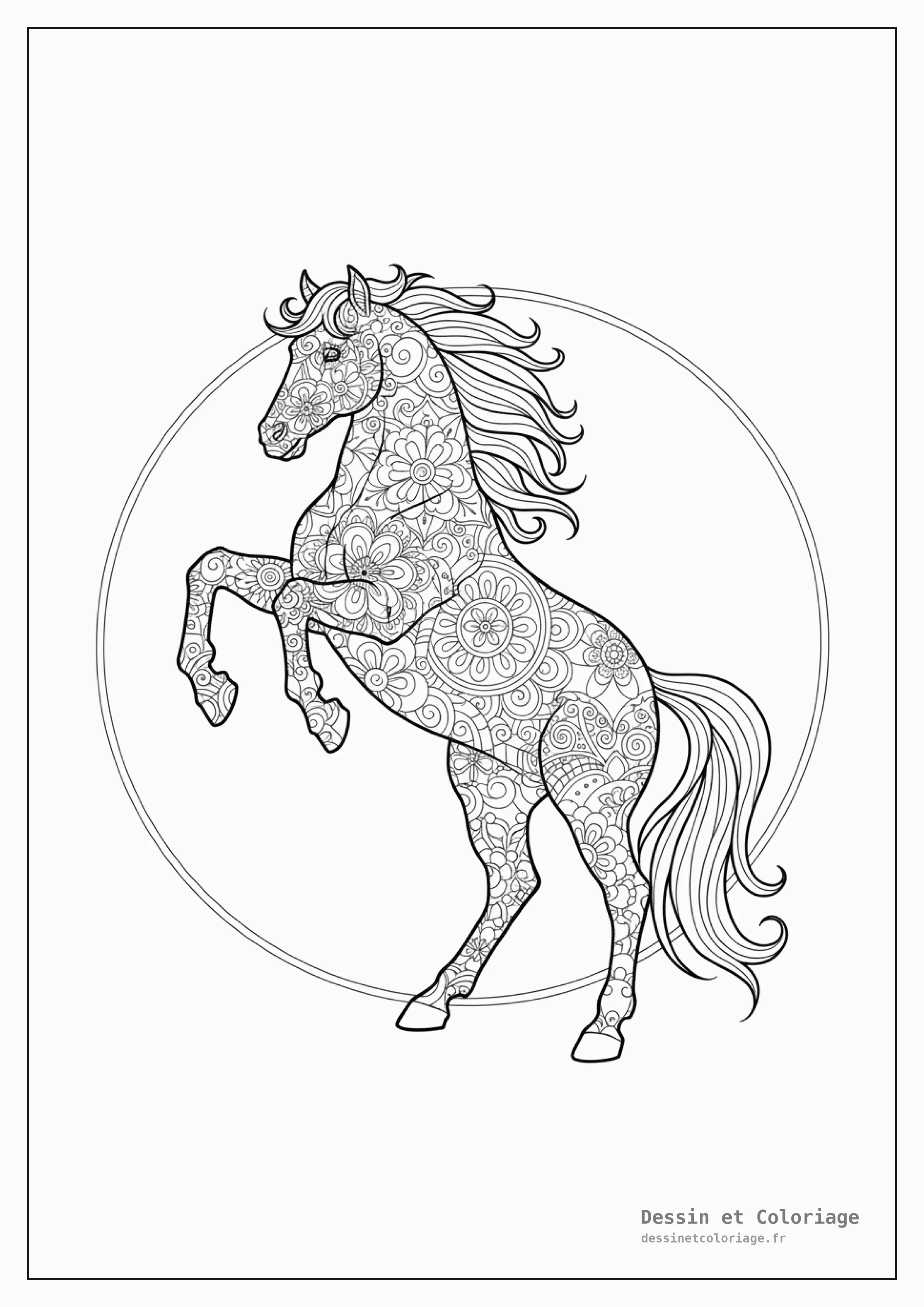 coloriage cheval mandala — Cheval cabré, corps rempli de motifs mandala dynamiques, expression puissante.