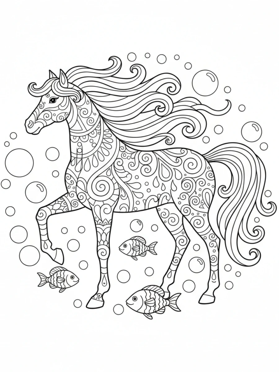 coloriage cheval mandala — Cheval représentant l'élément eau, crinière et queue fluides comme des vagues, corps orné de mandalas aquatiques, entouré de bulles et poissons.