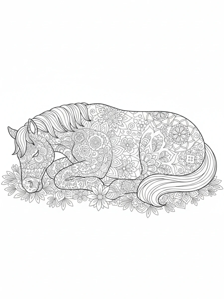 coloriage cheval mandala — Un cheval dort paisiblement enroulé sur lui-même, son corps et le sol remplis de motifs mandala complexes.