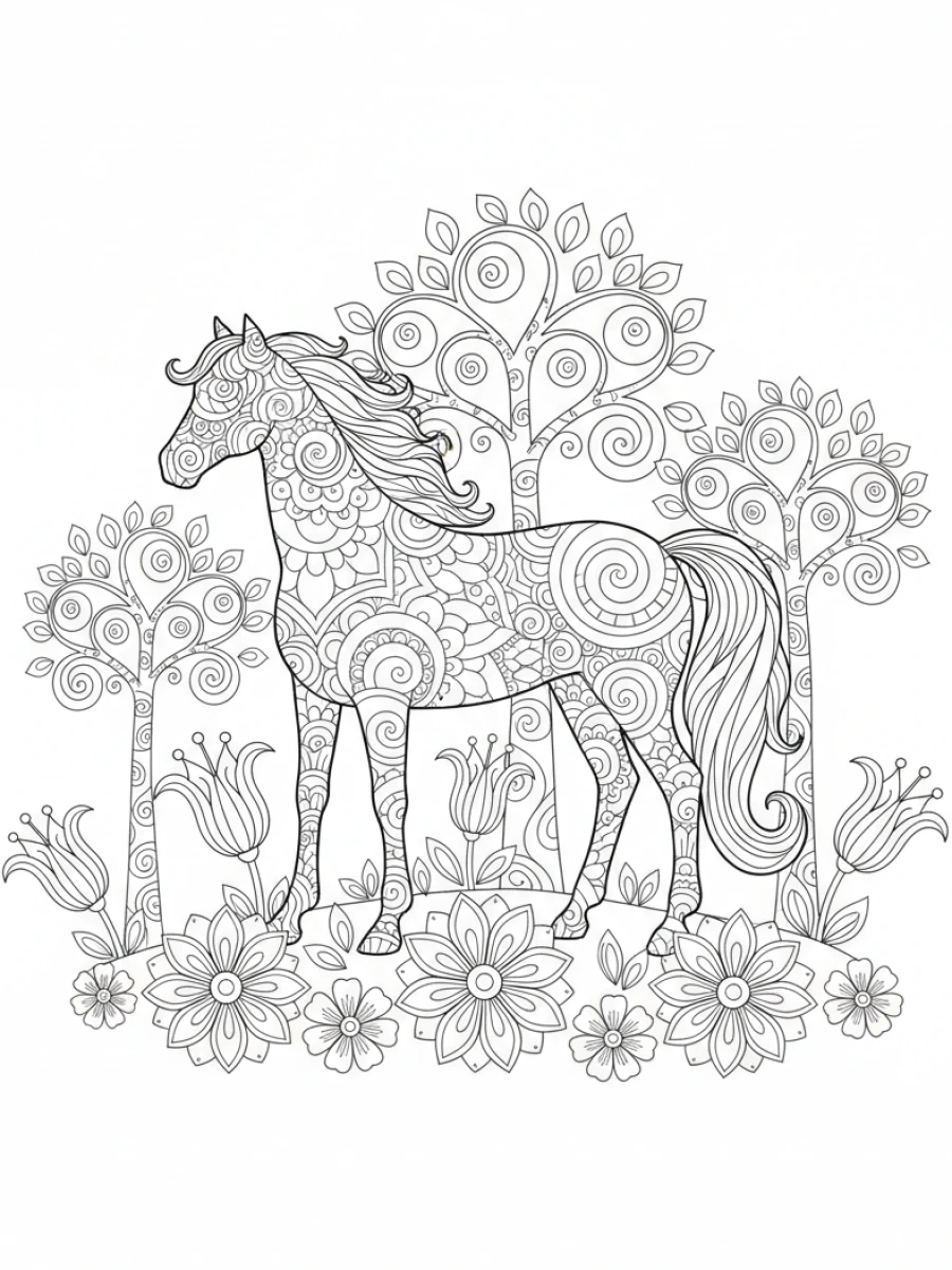 Coloriage Cheval de forêt enchantée