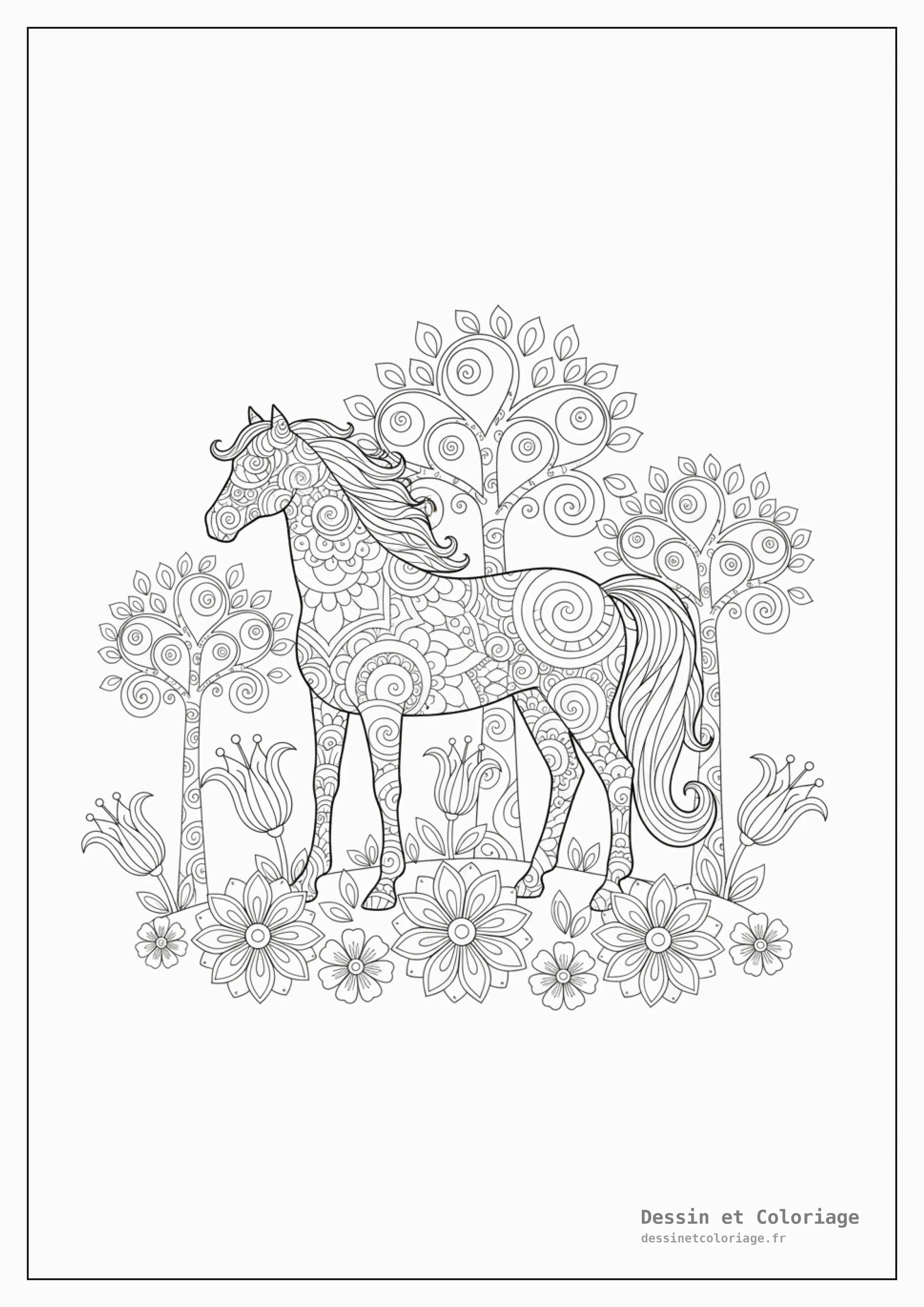 coloriage cheval mandala — Cheval entouré d'éléments mandala dans une forêt magique, arbres stylisés et fleurs lumineuses.