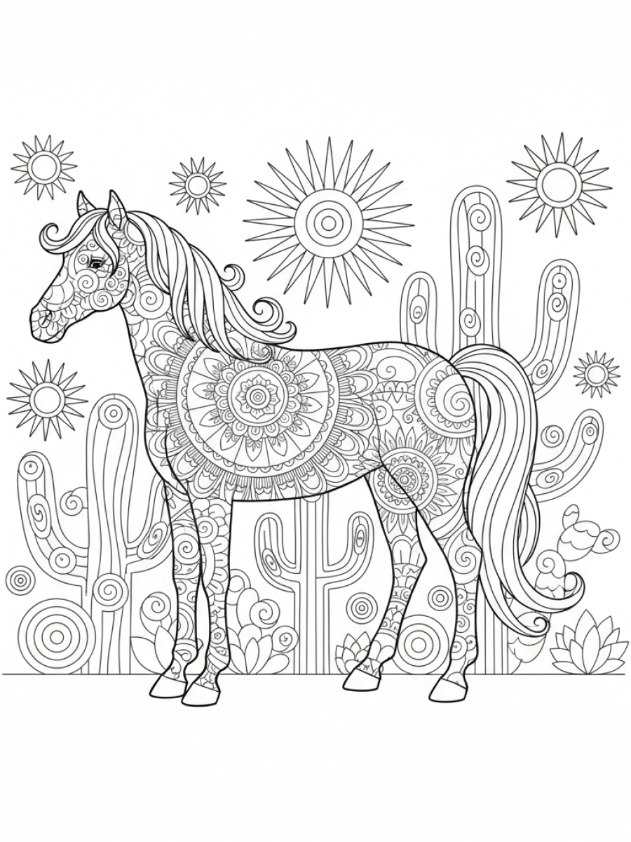 coloriage cheval mandala — Cheval paisible orné de mandala dans un paysage désertique, cactus et soleil stylisés.