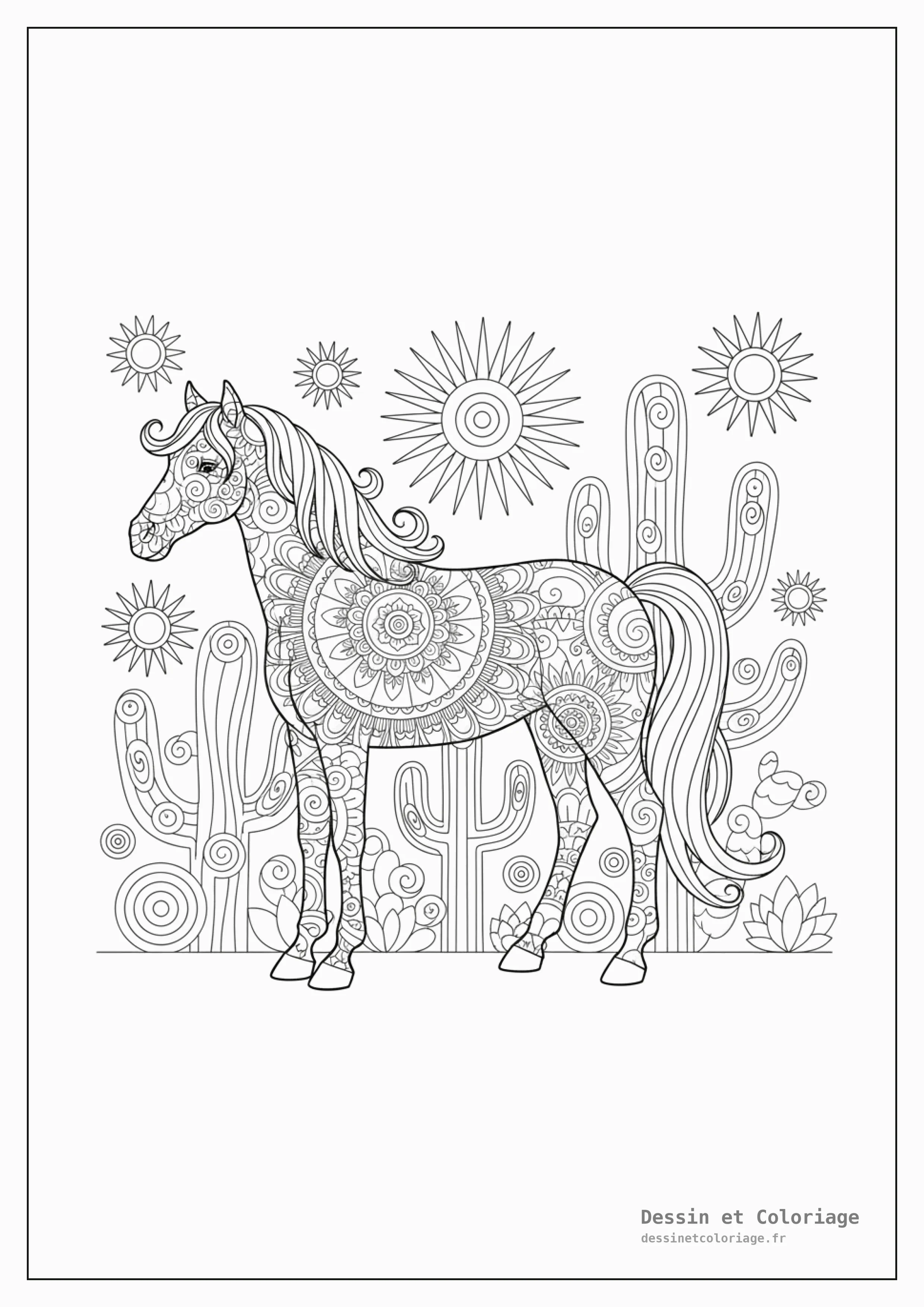 coloriage cheval mandala — Cheval paisible orné de mandala dans un paysage désertique, cactus et soleil stylisés.