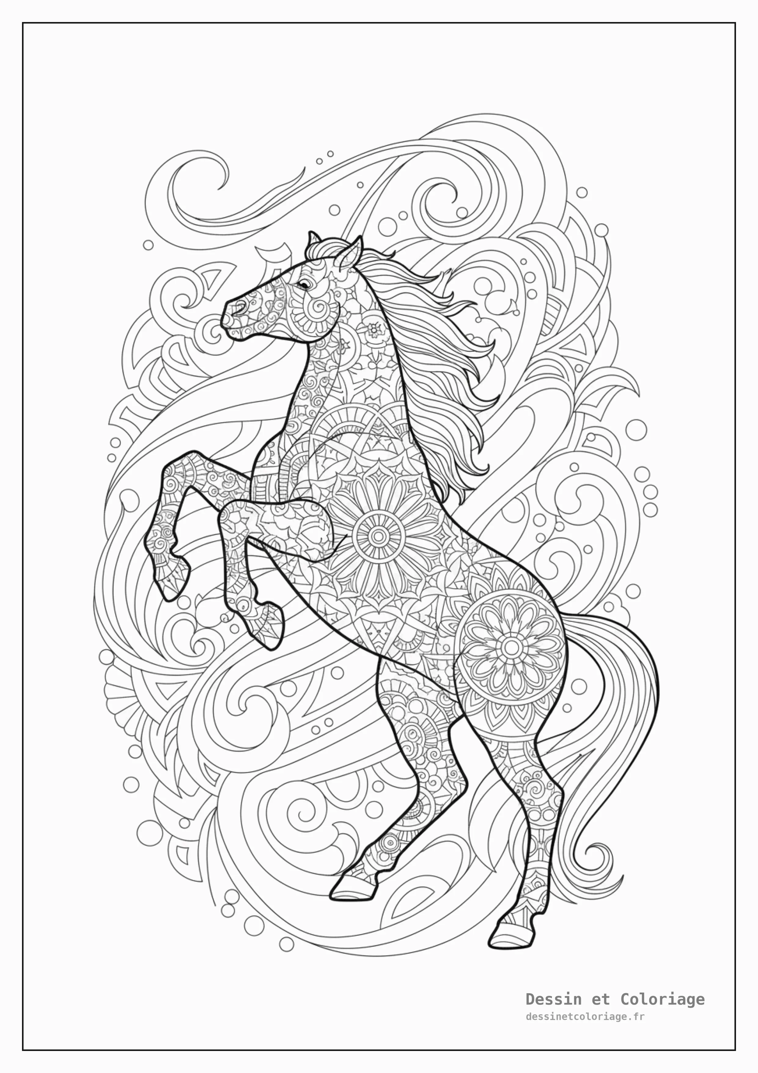 coloriage cheval mandala — Cheval en pose dynamique, forme entièrement ornée de motifs géométriques mandala complexes, fond abstrait.