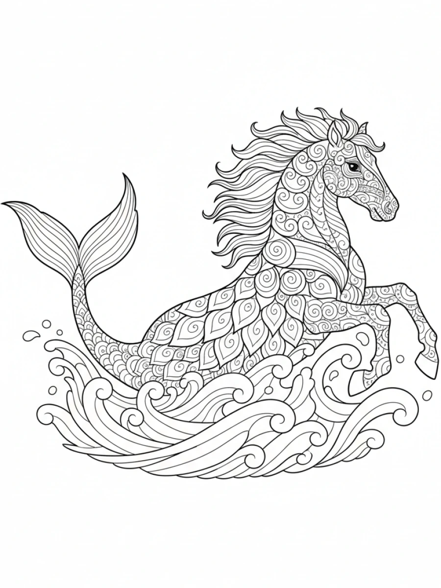 coloriage cheval mandala — Hippocampe (créature mythique) avec queue de poisson et corps de cheval, couvert de motifs mandala, nageant dans les vagues.