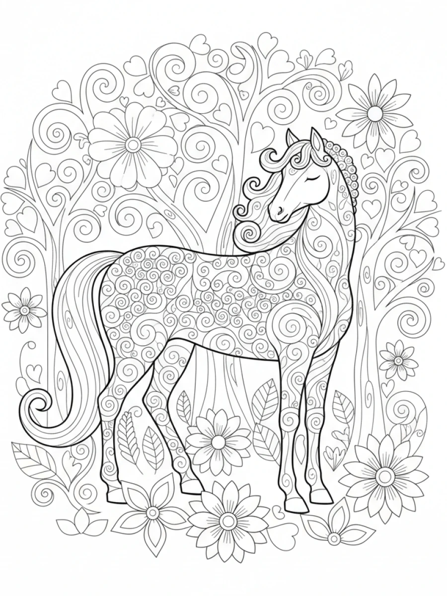 coloriage cheval mandala — Cheval paisible au milieu d'arbres et de fleurs stylisés, corps intégré aux mandalas naturels.