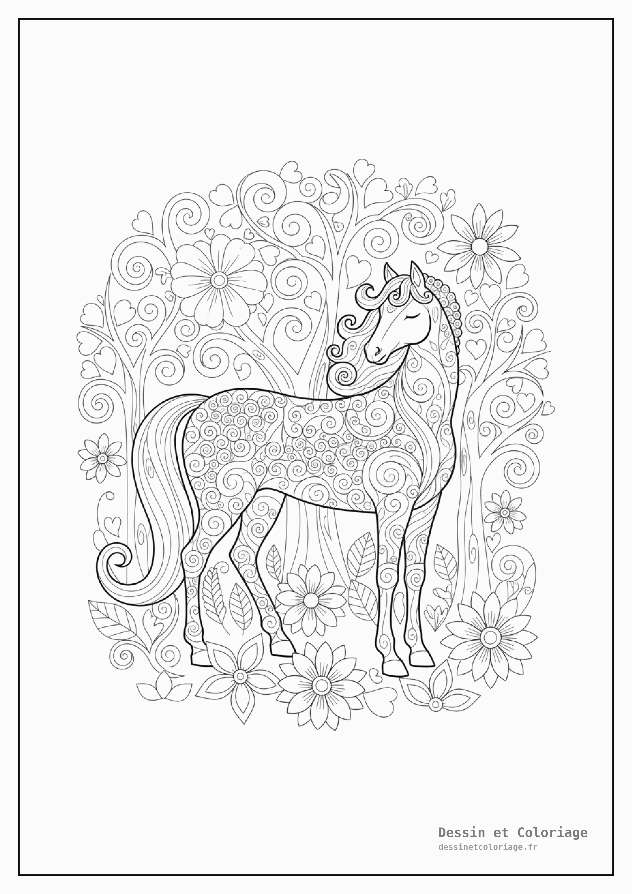 coloriage cheval mandala — Cheval paisible au milieu d'arbres et de fleurs stylisés, corps intégré aux mandalas naturels.