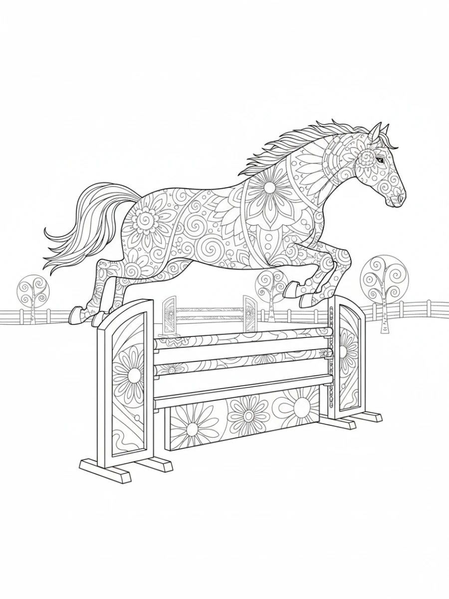 coloriage cheval mandala — Cheval sautant un obstacle avec grâce, corps orné de motifs géométriques mandala, parcours stylisé.