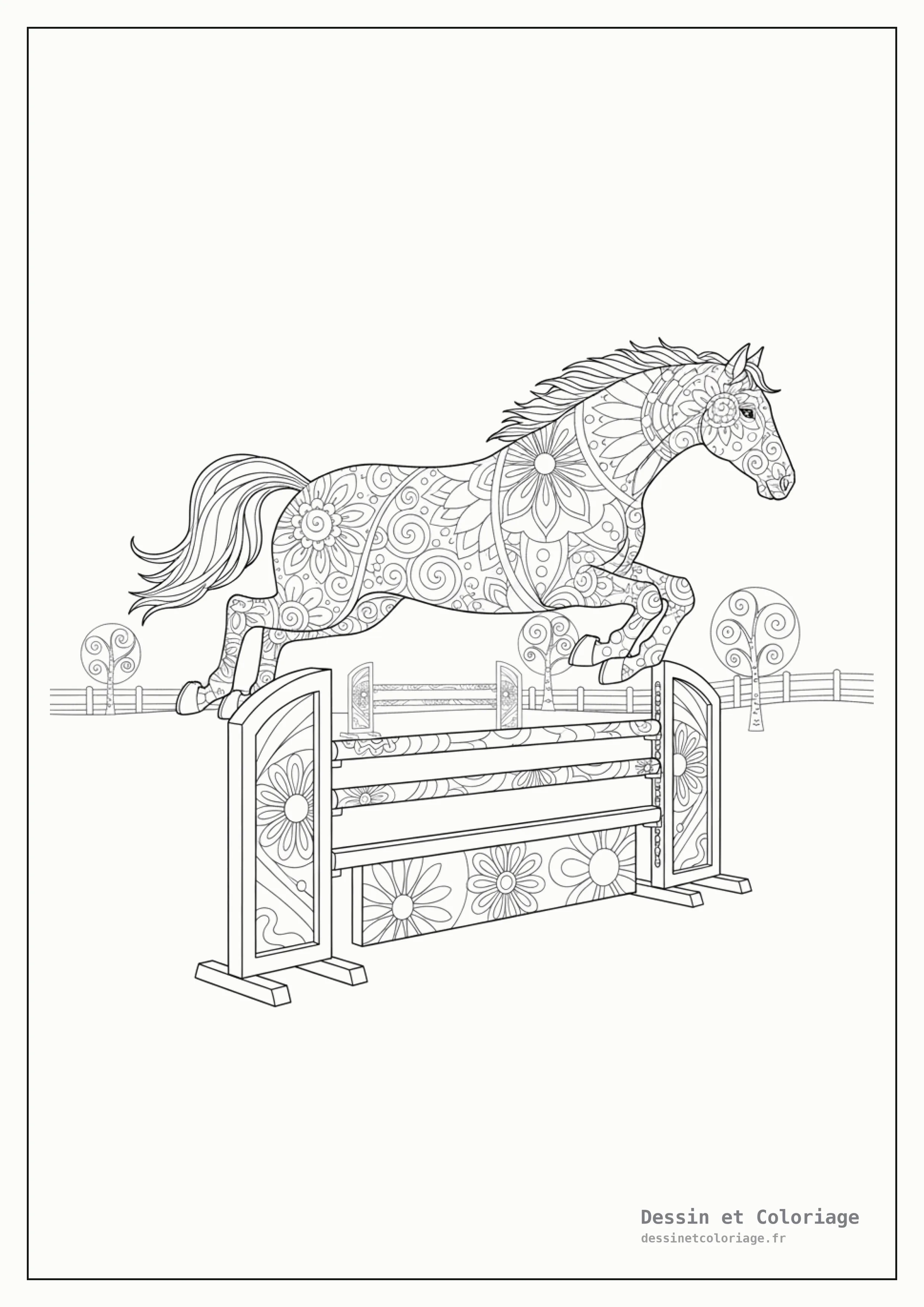 coloriage cheval mandala — Cheval sautant un obstacle avec grâce, corps orné de motifs géométriques mandala, parcours stylisé.
