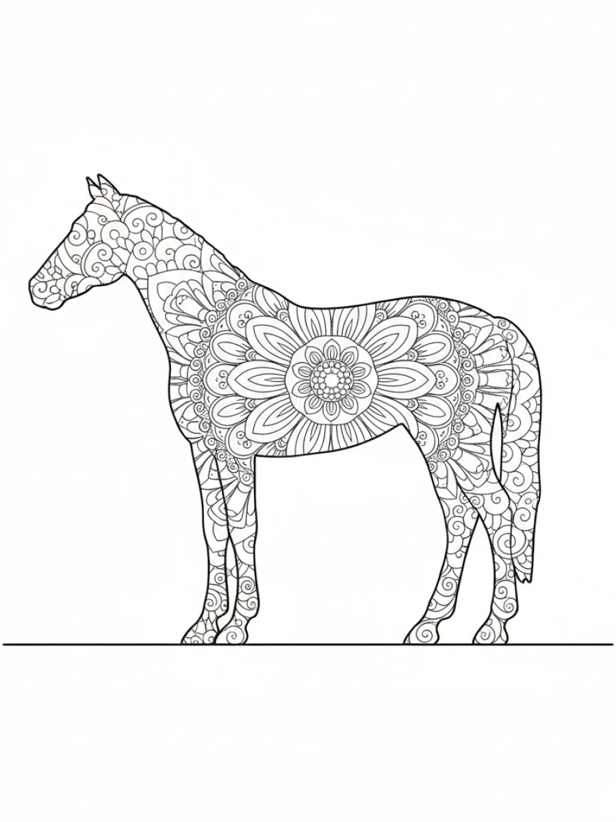coloriage cheval mandala — Silhouette de cheval remplie de motifs mandala complexes, se tenant sur une ligne de sol simple.