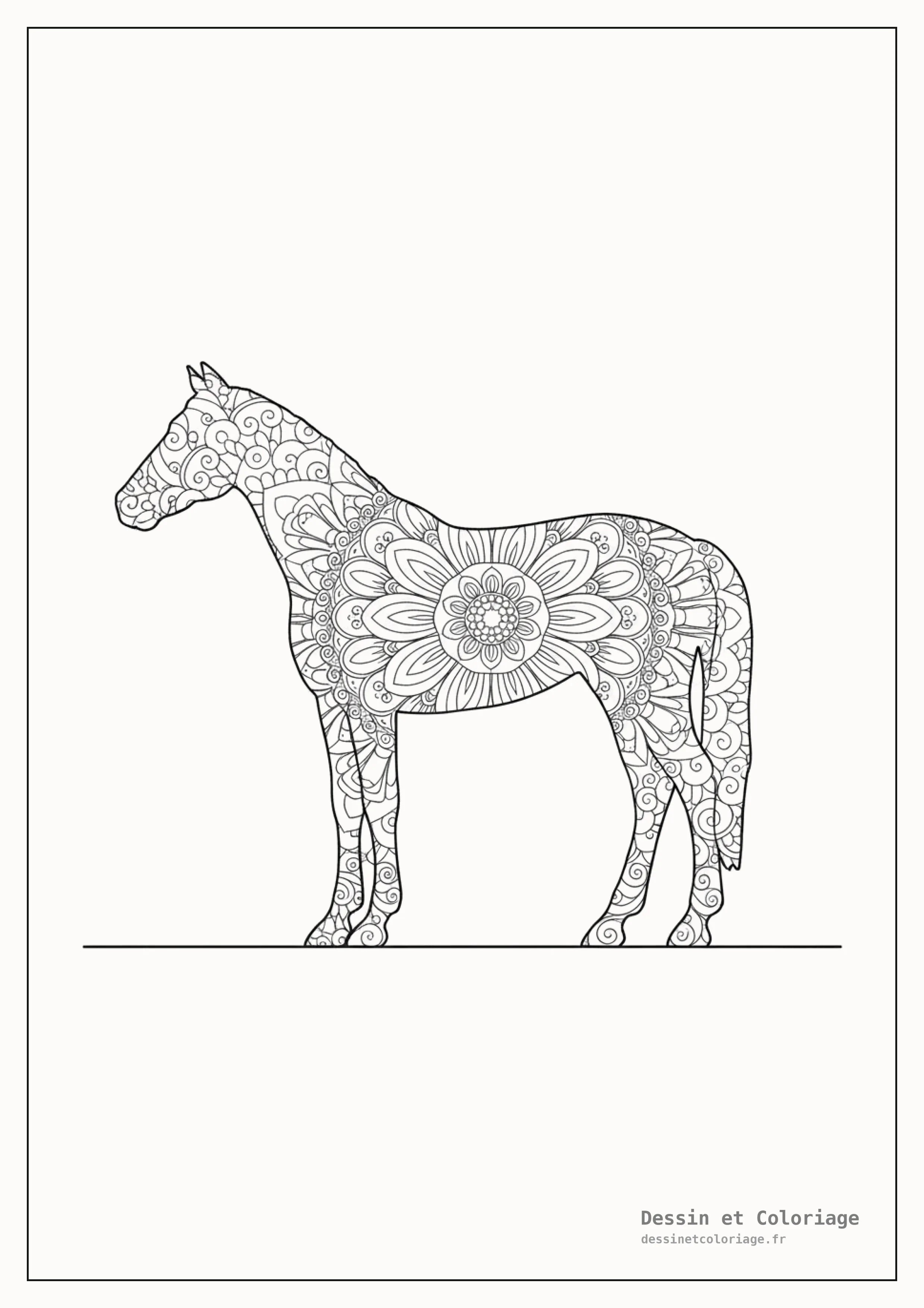 coloriage cheval mandala — Silhouette de cheval remplie de motifs mandala complexes, se tenant sur une ligne de sol simple.