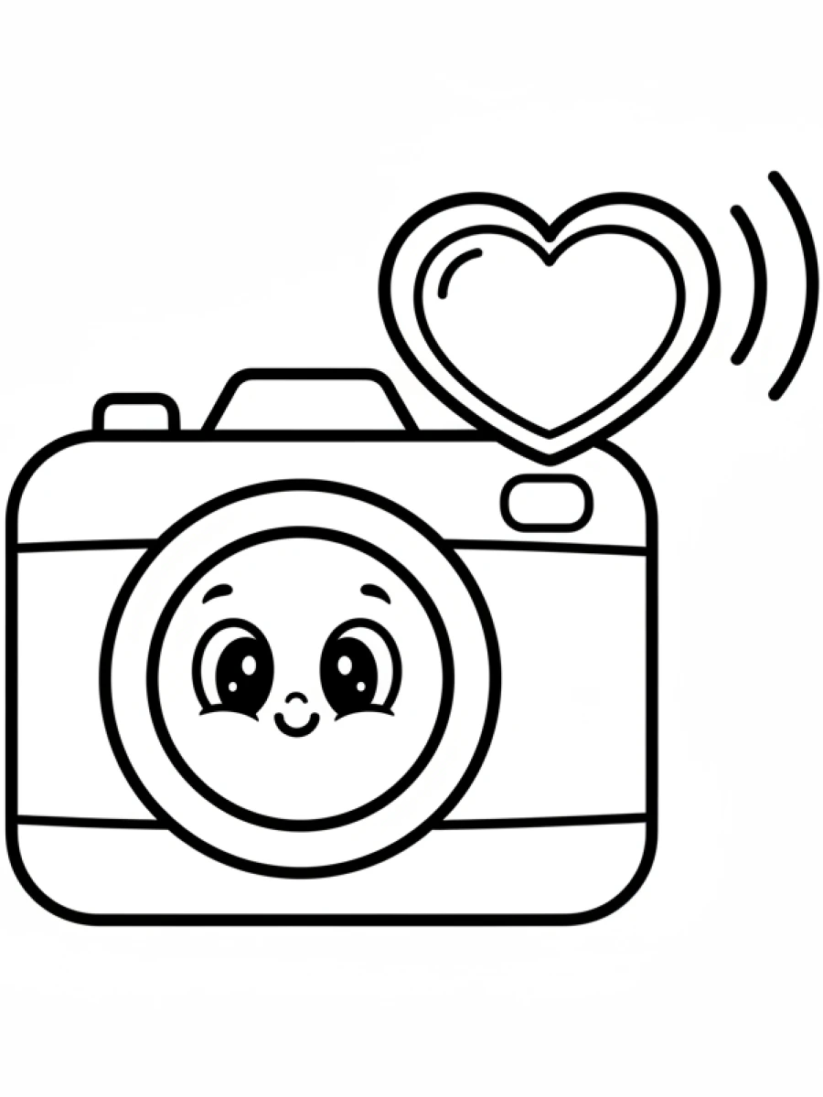coloriage kawaii facile — Un appareil photo vintage avec un visage mignon et un flash en forme de cœur, de grands yeux curieux.
