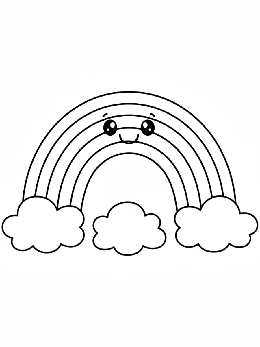 coloriage kawaii facile — Un arc-en-ciel avec un visage amical et des yeux doux, au-dessus de petits nuages.
