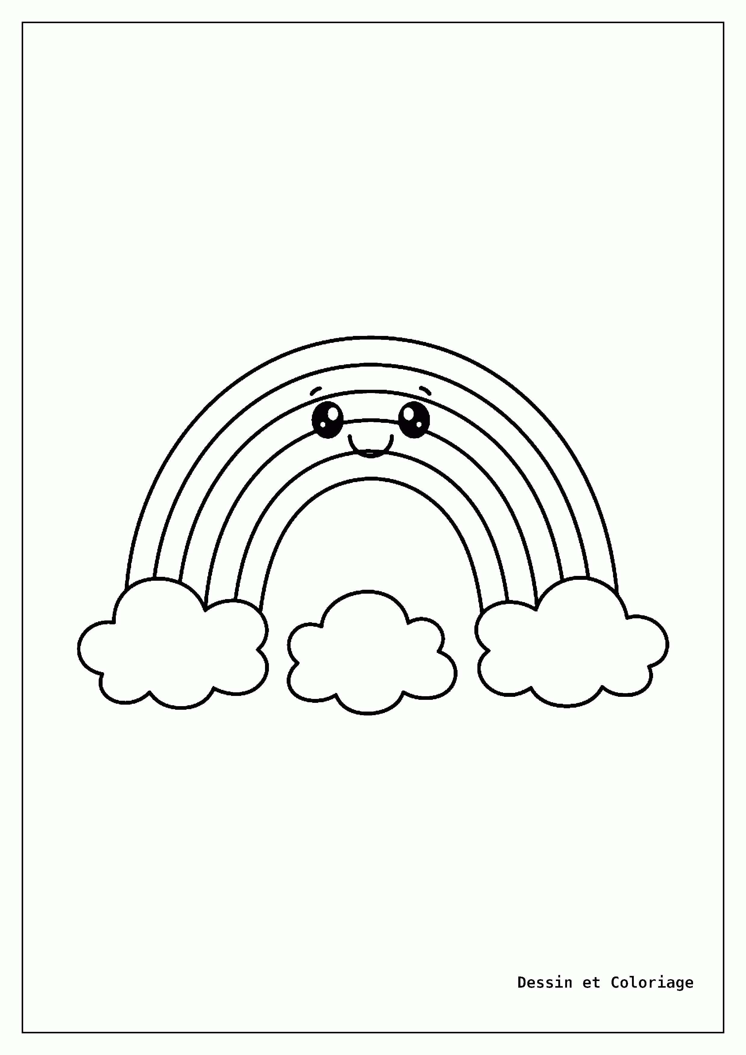coloriage kawaii facile — Un arc-en-ciel avec un visage amical et des yeux doux, au-dessus de petits nuages.
