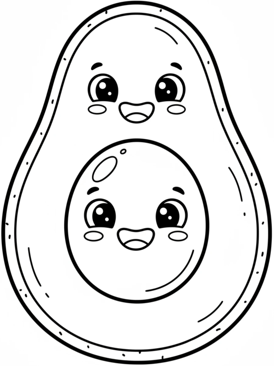 coloriage kawaii facile — Un avocat coupé en deux avec un visage heureux et un gros noyau souriant.