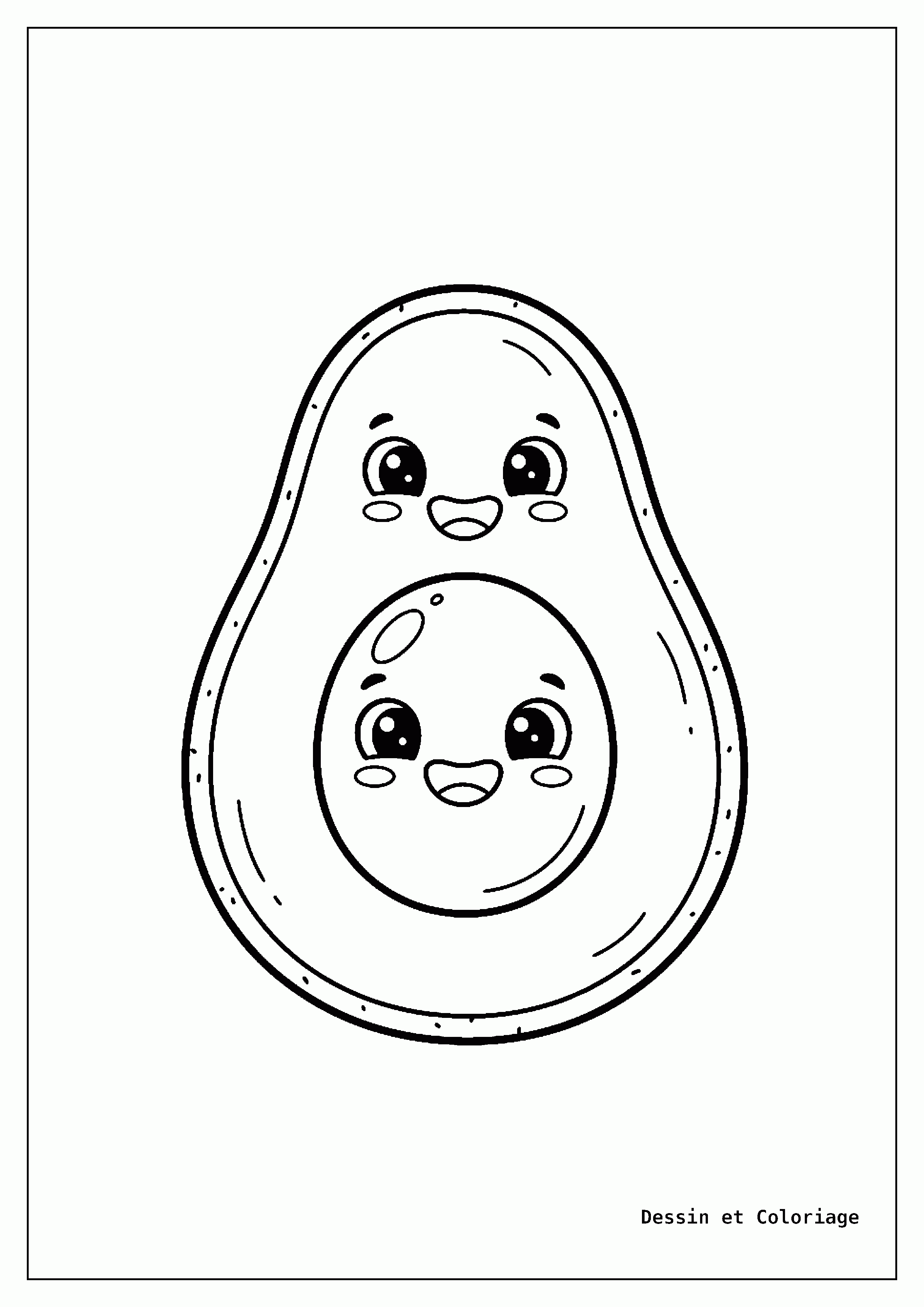 coloriage kawaii facile — Un avocat coupé en deux avec un visage heureux et un gros noyau souriant.