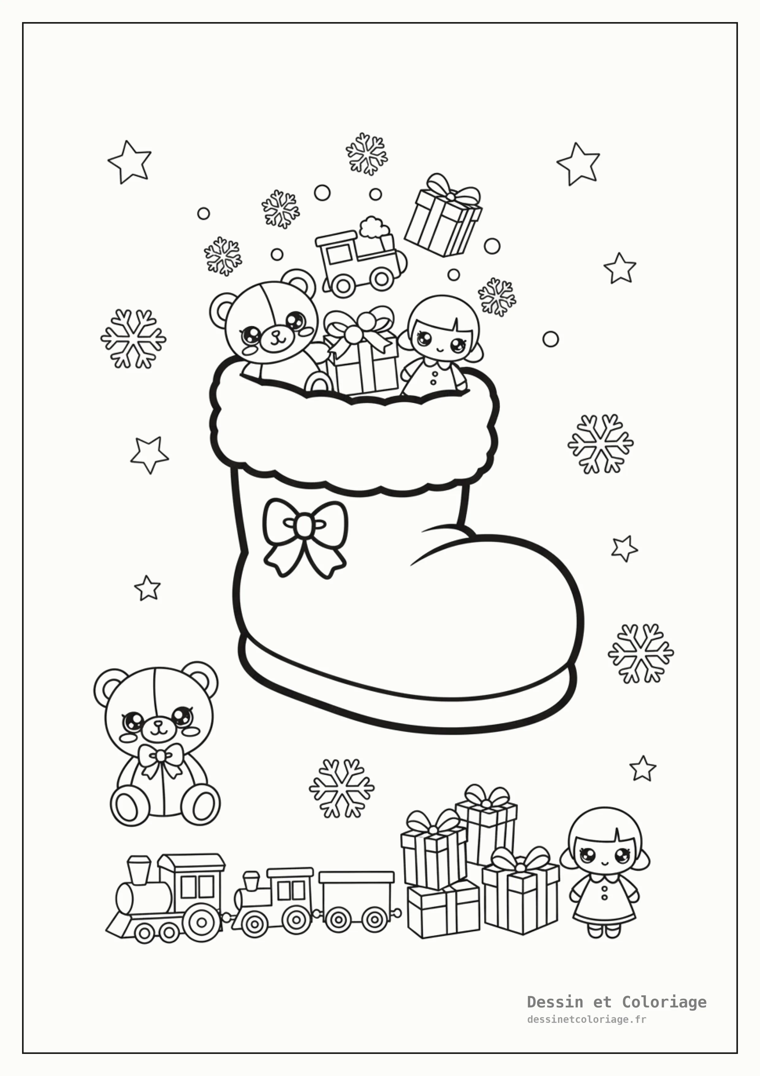 coloriage kawaii noël — Une botte du Père Noël kawaii remplie de petits jouets et de bonbons, avec des étoiles.