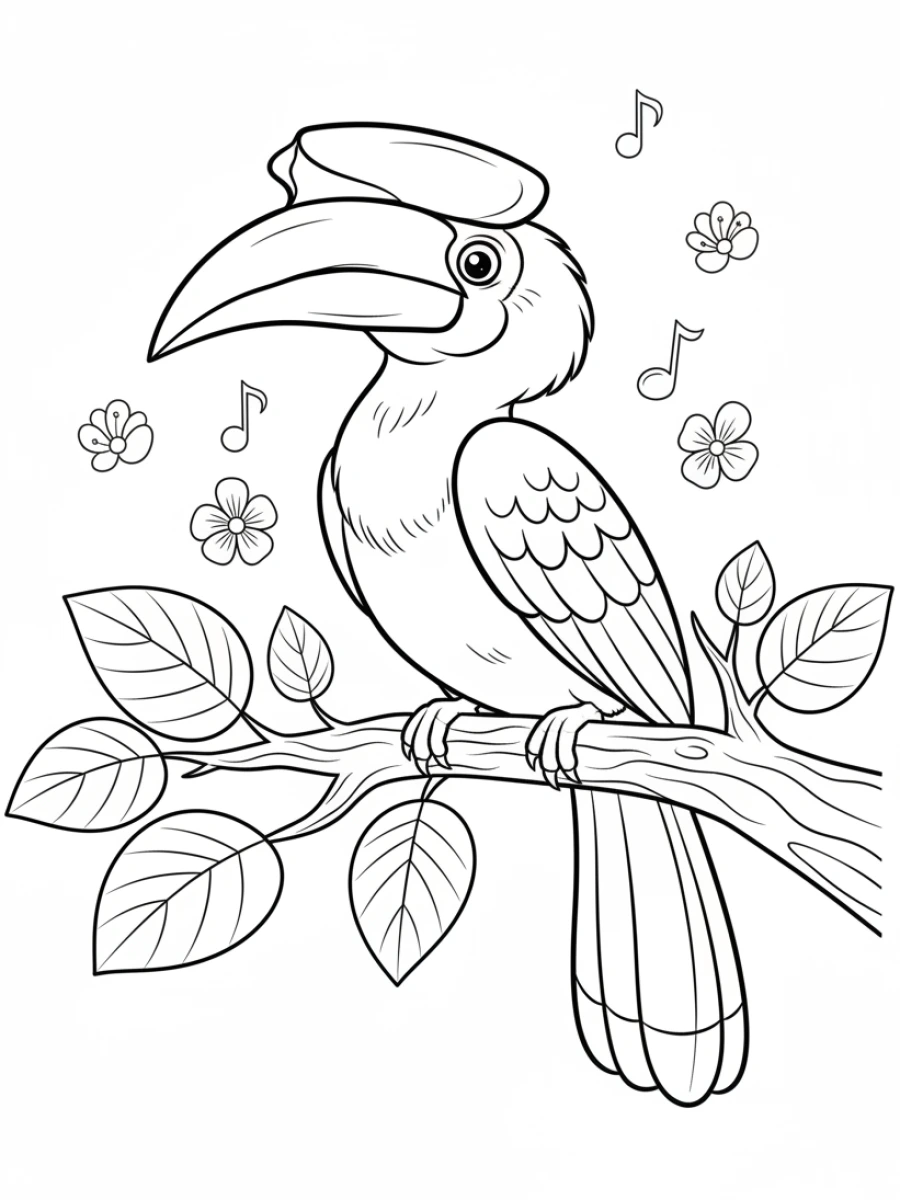 coloriage oiseau — Un calao rhinocéros perché sur une branche épaisse de jungle, affichant son grand casque.