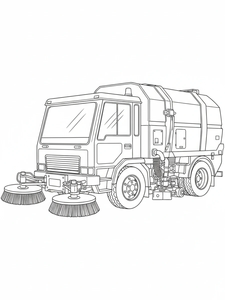 coloriage camion — Camion balayeuse de rues, équipé de brosses rotatives et d'un système d'aspiration pour nettoyer la chaussée.