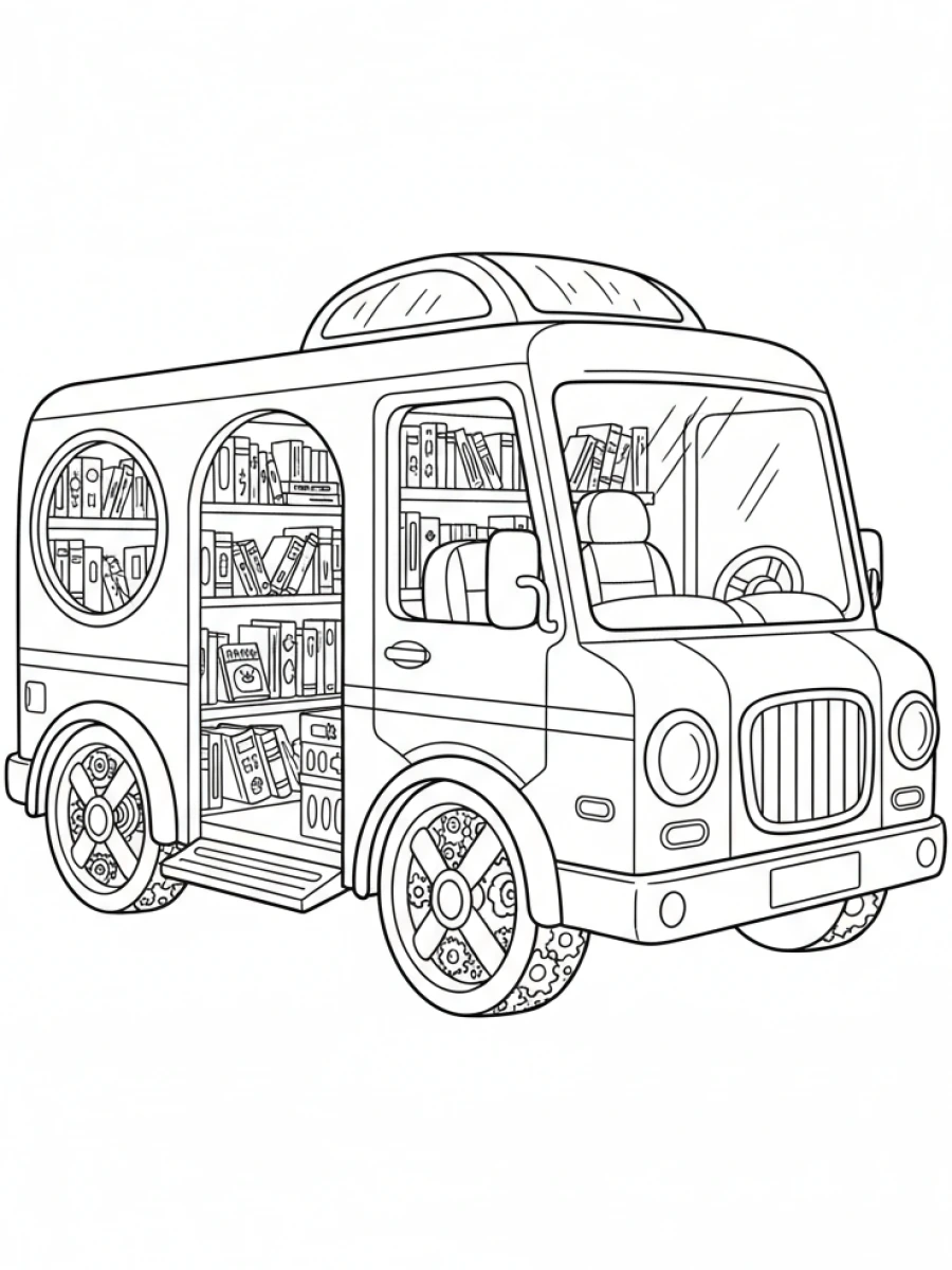 coloriage camion — Camion bibliothèque mobile, avec des fenêtres montrant des étagères de livres et une porte latérale.