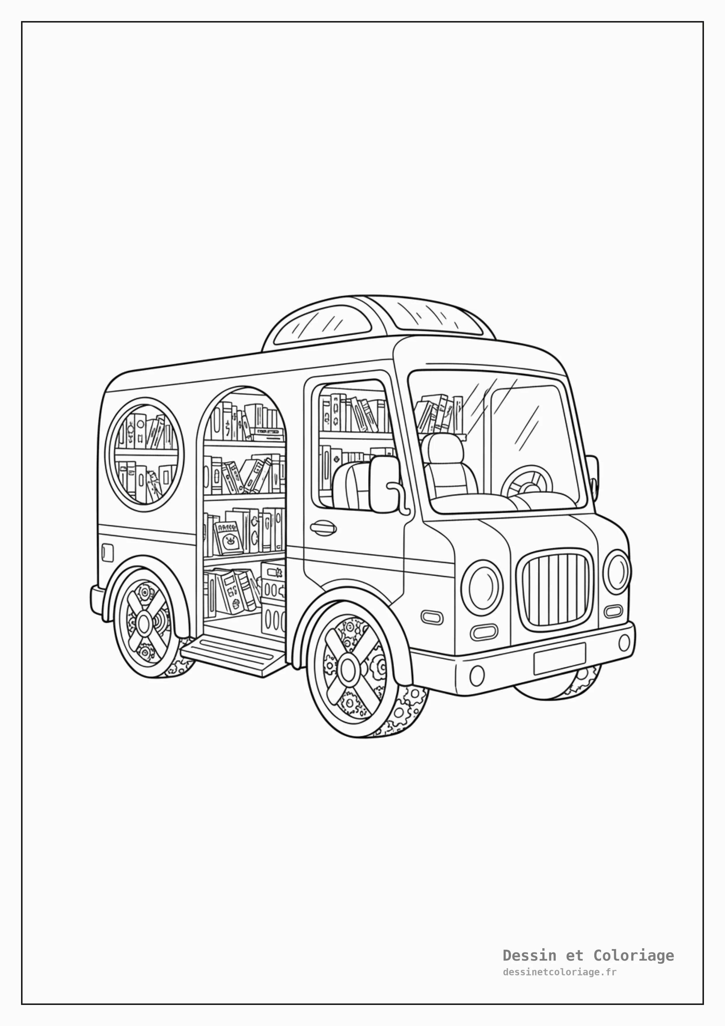 coloriage camion — Camion bibliothèque mobile, avec des fenêtres montrant des étagères de livres et une porte latérale.