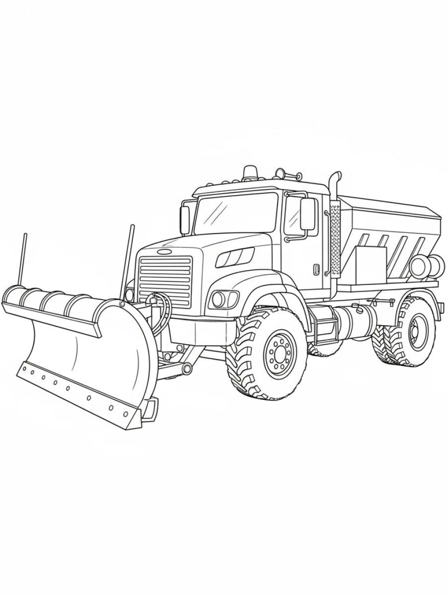 coloriage camion — Camion chasse-neige avec une lame frontale imposante, dégageant la route après une chute de neige.