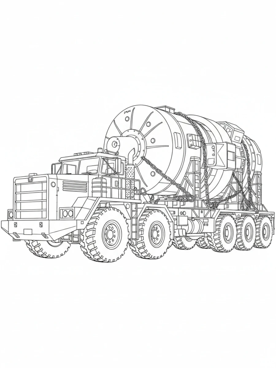 coloriage camion — Camion de convoi exceptionnel transportant une charge surdimensionnée, avec de multiples essieux.