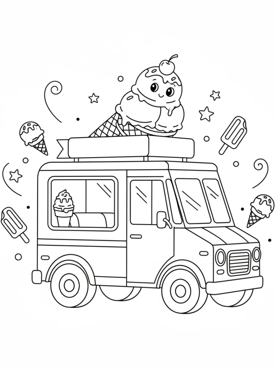 coloriage camion — Un camion de glace souriant est garé, avec une grande glace joyeuse sur son toit.