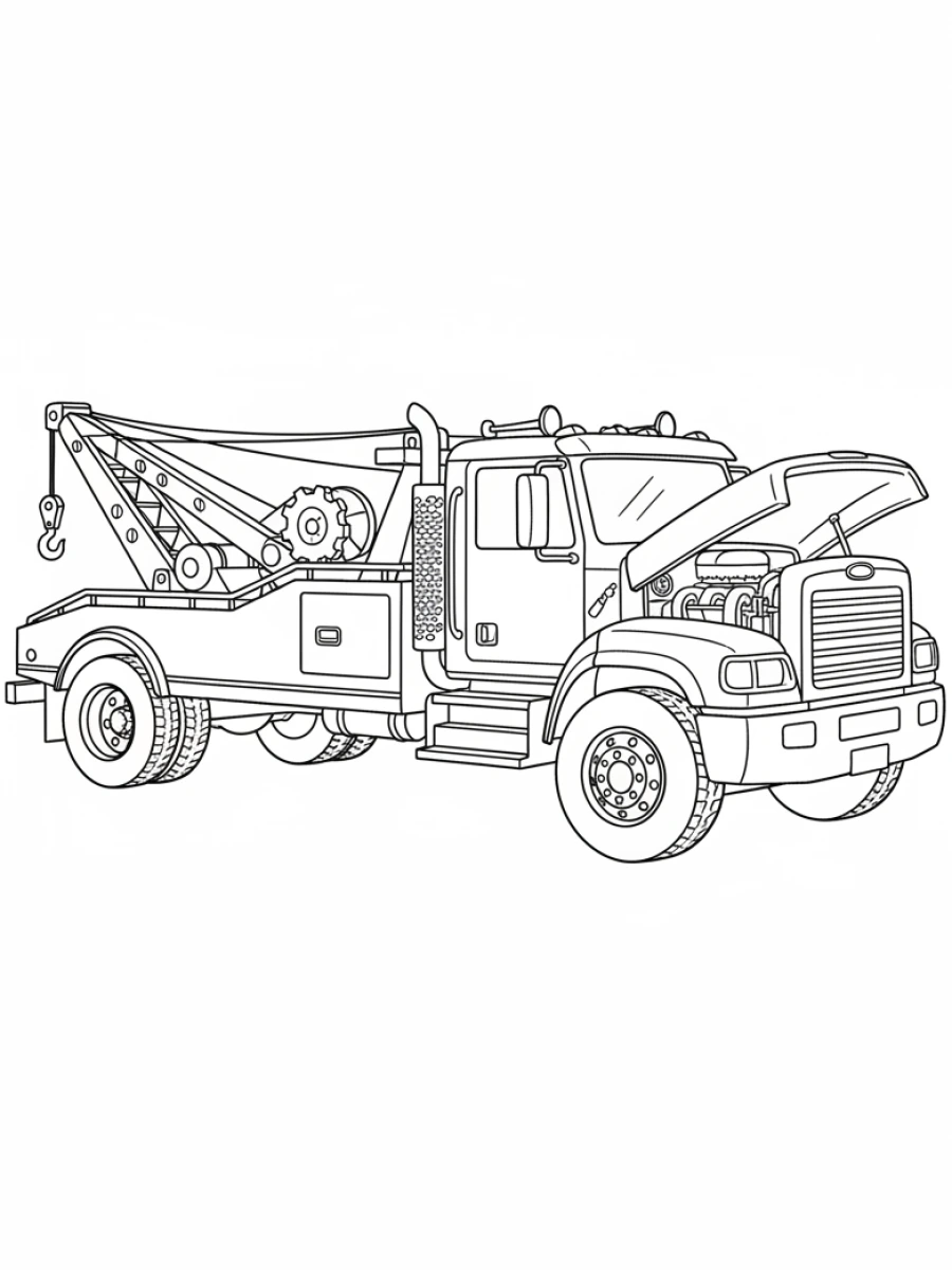coloriage camion — Camion de dépannage avec une grue et un bras de levage à l'arrière, prêt à remorquer un véhicule.