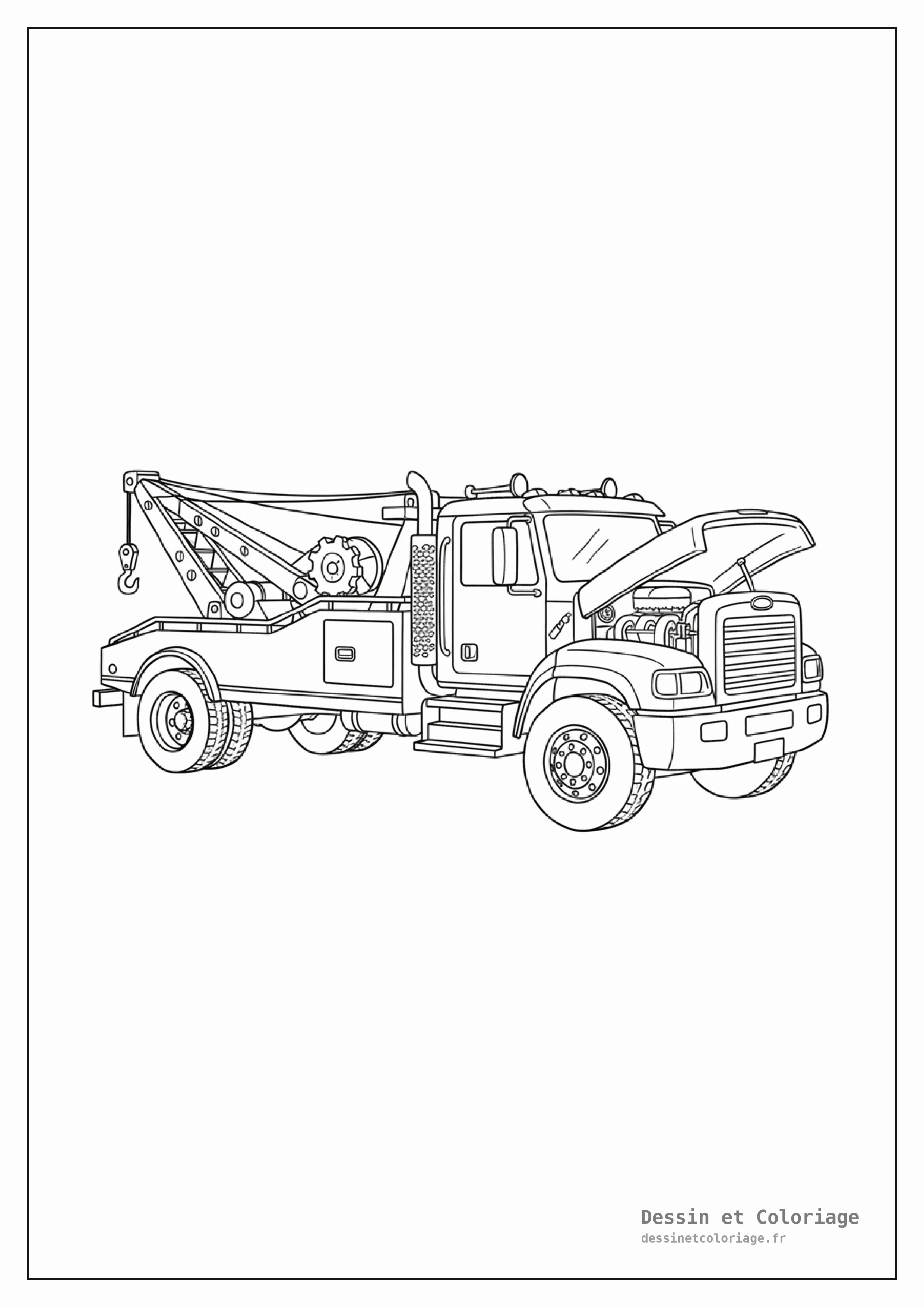 coloriage camion — Camion de dépannage avec une grue et un bras de levage à l'arrière, prêt à remorquer un véhicule.