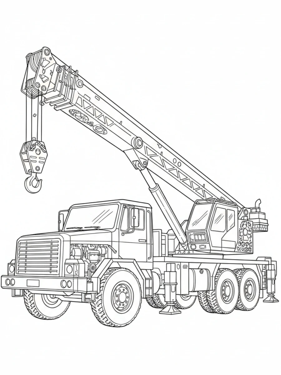 coloriage camion — Camion grue de chantier avec une longue flèche télescopique levée, pour soulever des matériaux lourds.