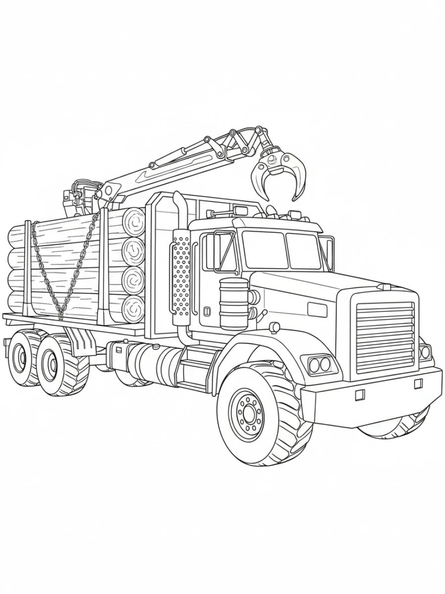 coloriage camion — Camion grumier transportant des troncs d'arbres, avec une cabine robuste et de grandes roues.