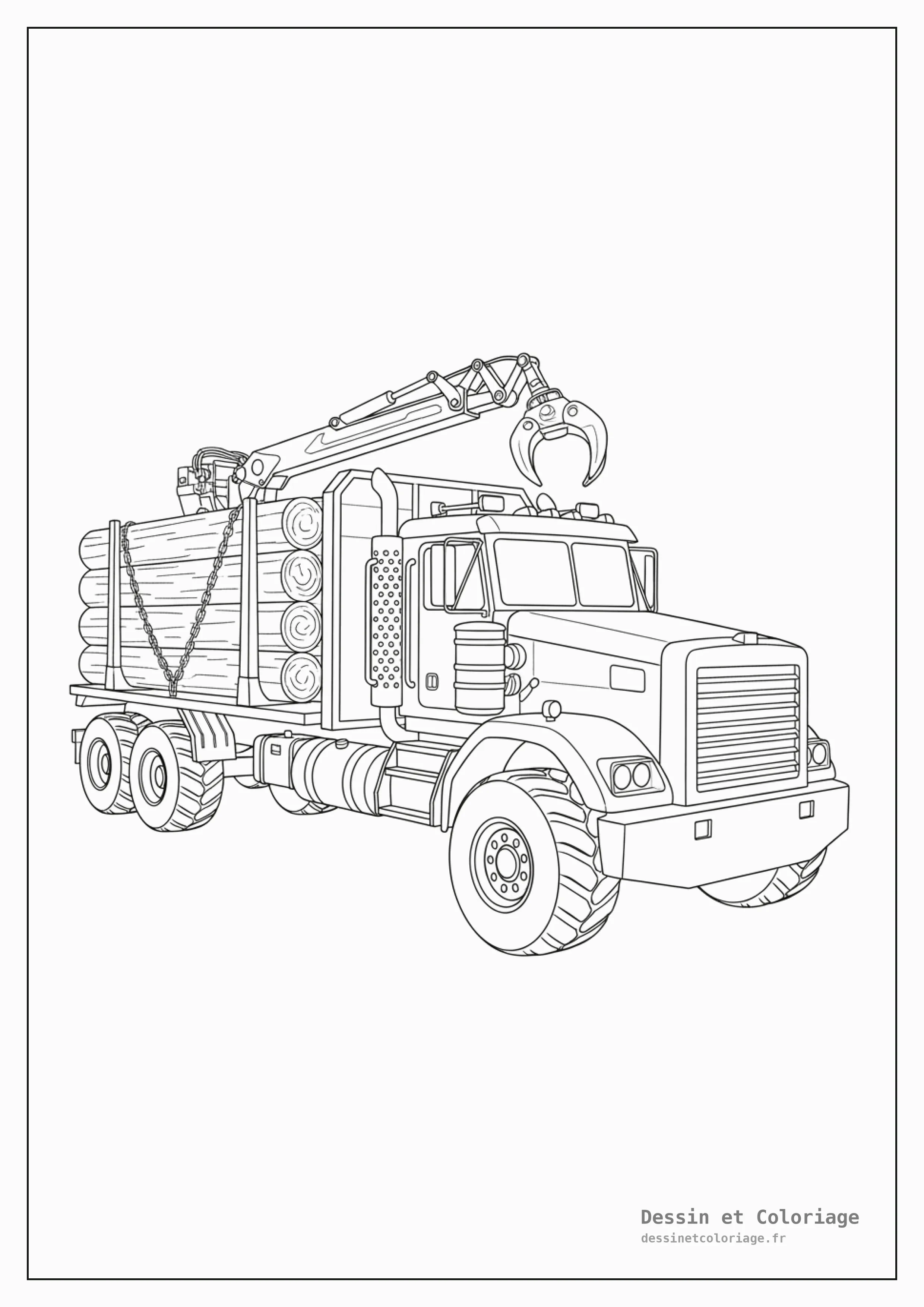 coloriage camion — Camion grumier transportant des troncs d'arbres, avec une cabine robuste et de grandes roues.