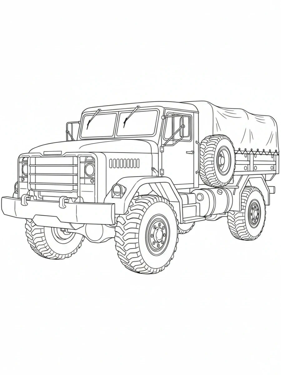 coloriage camion — Camion militaire de transport de troupes ou de matériel, avec une carrosserie robuste et des pneus tout-terrain.