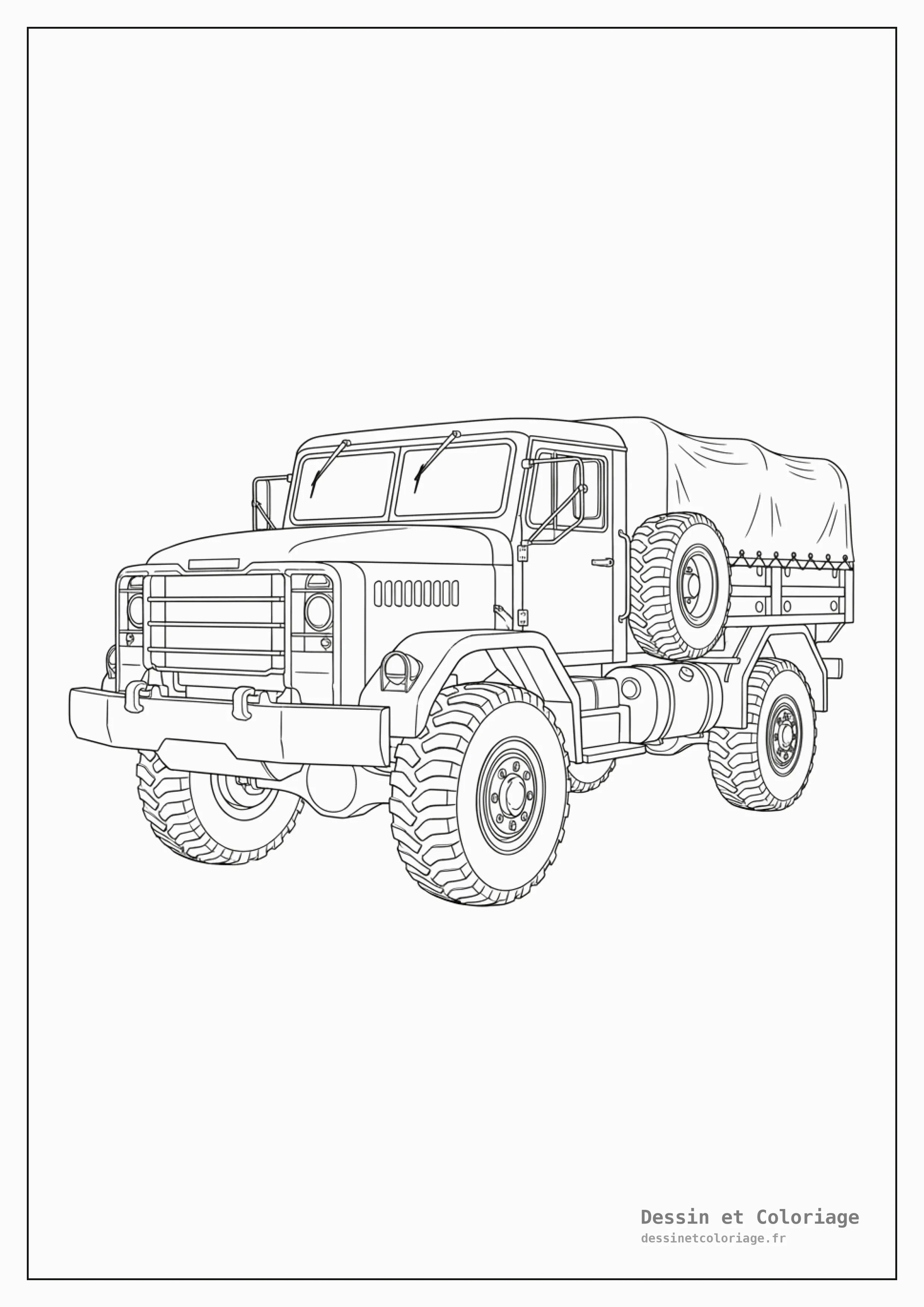 coloriage camion — Camion militaire de transport de troupes ou de matériel, avec une carrosserie robuste et des pneus tout-terrain.
