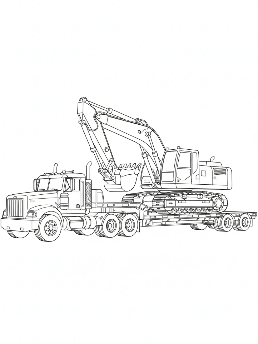 coloriage camion — Camion plateau transportant un engin de chantier, comme une pelleteuse, sur une remorque.