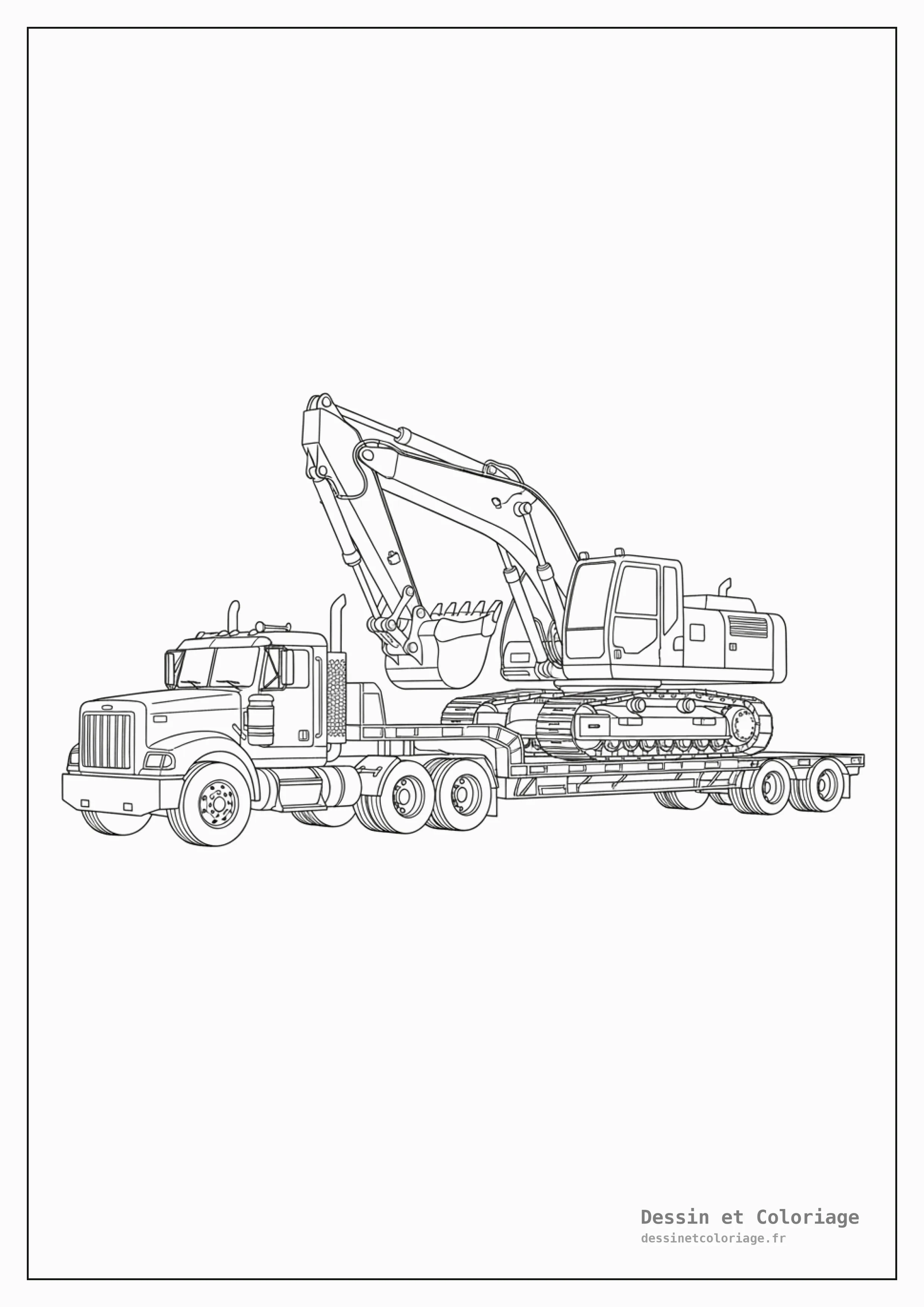 coloriage camion — Camion plateau transportant un engin de chantier, comme une pelleteuse, sur une remorque.