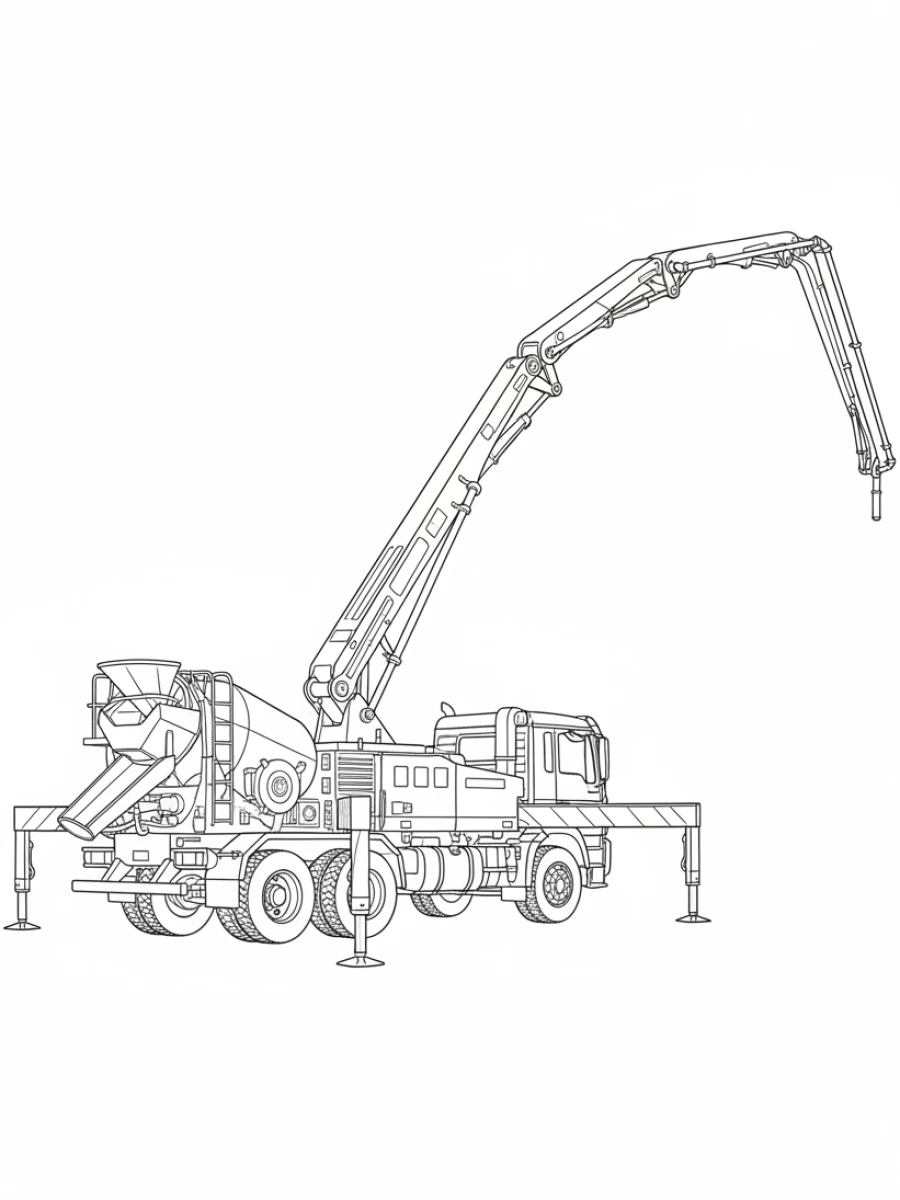 coloriage camion — Camion pompe à béton avec un bras articulé déplié, versant du béton sur un chantier de construction.