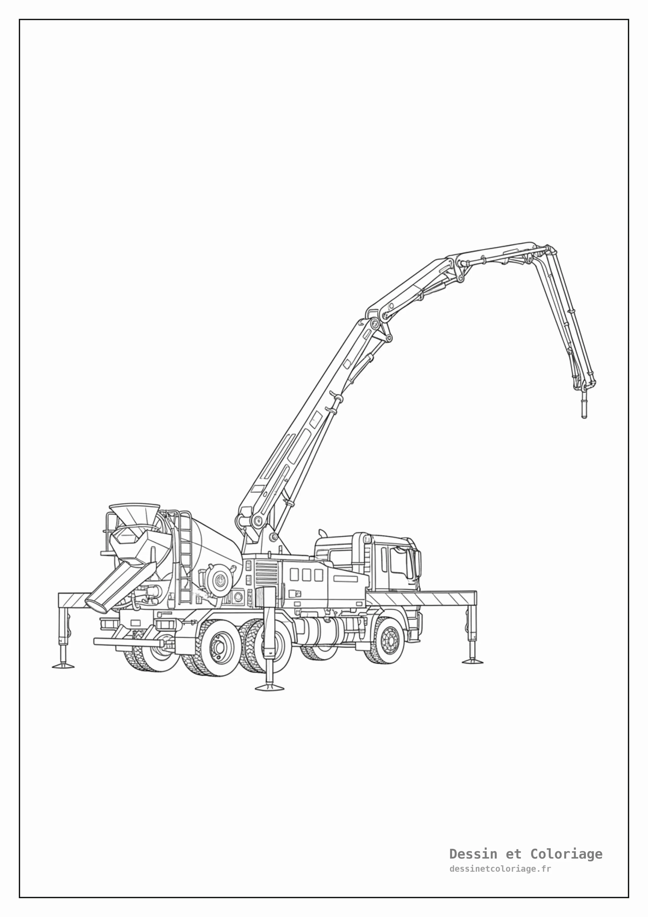 coloriage camion — Camion pompe à béton avec un bras articulé déplié, versant du béton sur un chantier de construction.