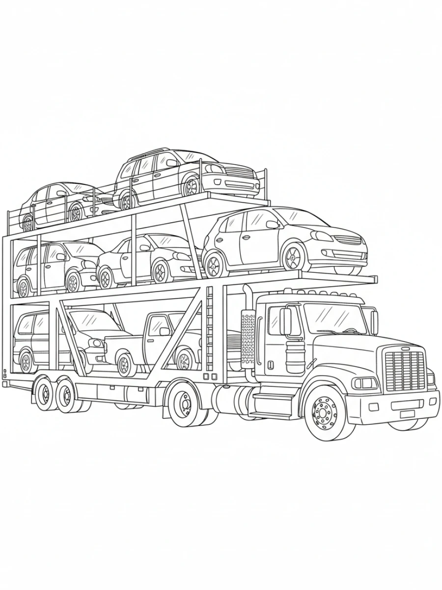 coloriage camion — Camion porte-voitures à double niveau, transportant plusieurs véhicules neufs sur l'autoroute.